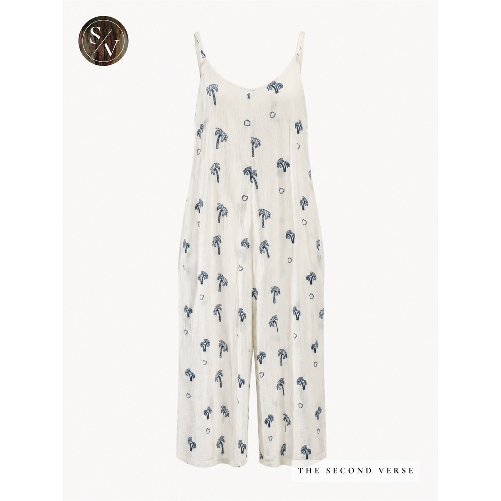 Palm Tree Embroidered Jumpsuit Kids Coastal Beachy White Blue‎ Size 8